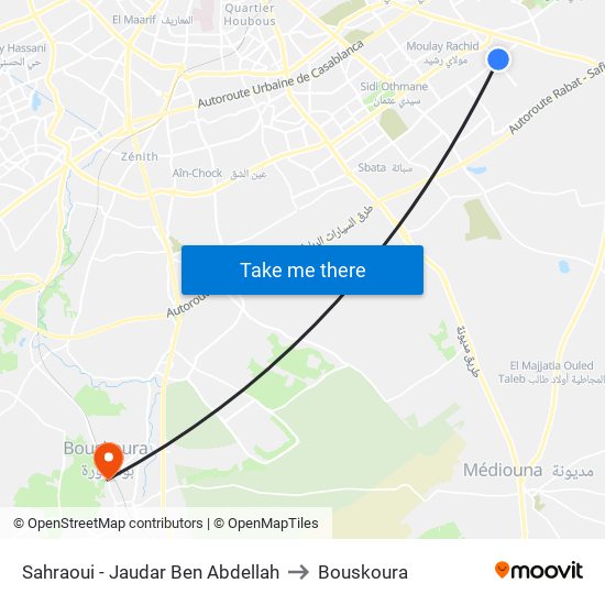 Sahraoui - Jaudar Ben Abdellah to Bouskoura map