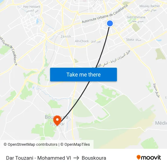 Dar Touzani - Mohammed VI to Bouskoura map