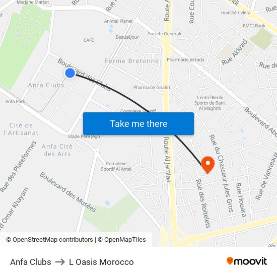 Anfa Clubs to L Oasis Morocco map