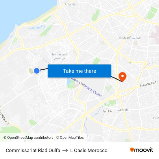 Commissariat Riad Oulfa to L Oasis Morocco map