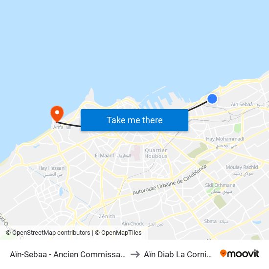 Aïn-Sebaa - Ancien Commissariat to Aïn Diab La Corniche map