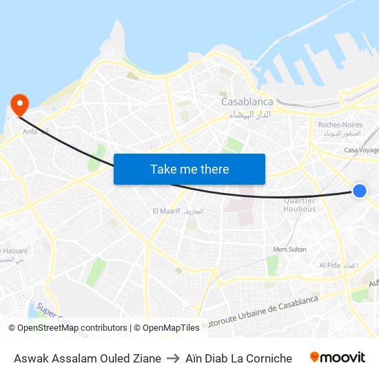 Aswak Assalam Ouled Ziane to Aïn Diab La Corniche map
