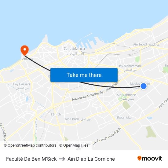 Faculté De Ben M'Sick to Aïn Diab La Corniche map