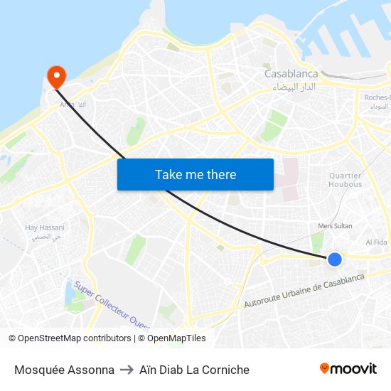 Mosquée Assonna to Aïn Diab La Corniche map
