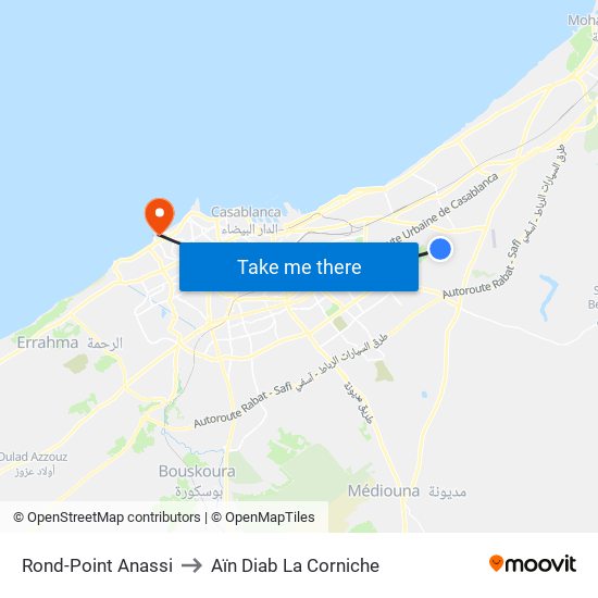 Rond-Point Anassi to Aïn Diab La Corniche map