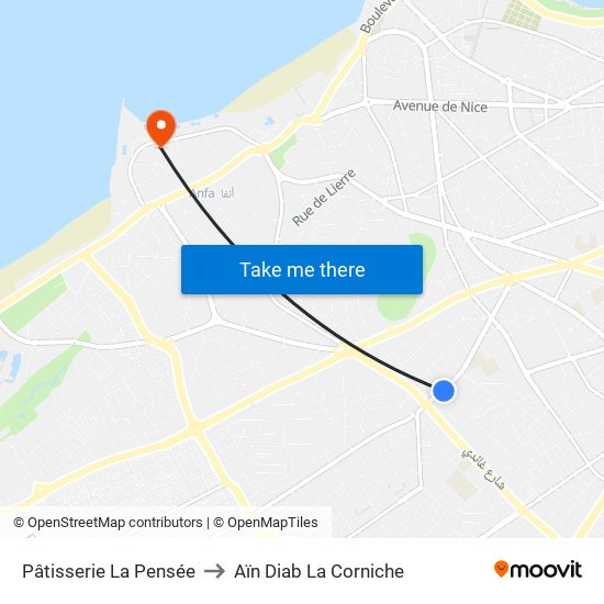 Pâtisserie La Pensée to Aïn Diab La Corniche map