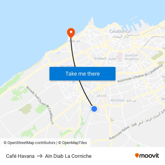 Café Havana to Aïn Diab La Corniche map