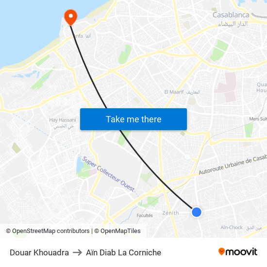 Douar Khouadra to Aïn Diab La Corniche map