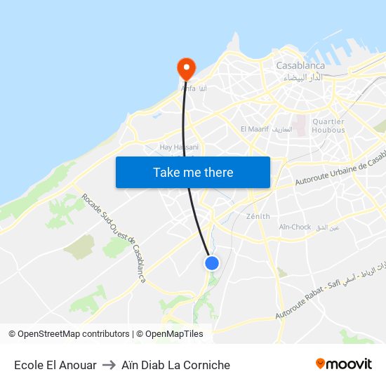 Ecole El Anouar to Aïn Diab La Corniche map