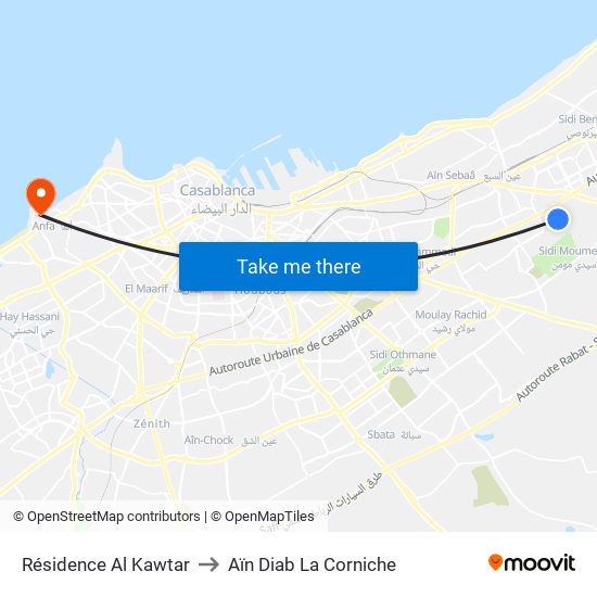 Résidence Al Kawtar to Aïn Diab La Corniche map