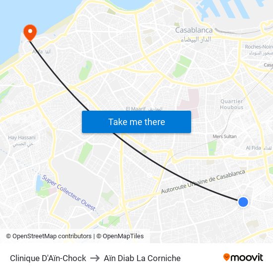 Clinique D'Aïn-Chock to Aïn Diab La Corniche map