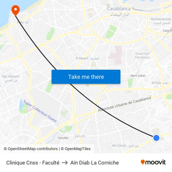 Clinique Cnss - Faculté to Aïn Diab La Corniche map