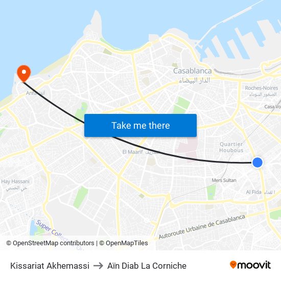 Kissariat Akhemassi to Aïn Diab La Corniche map