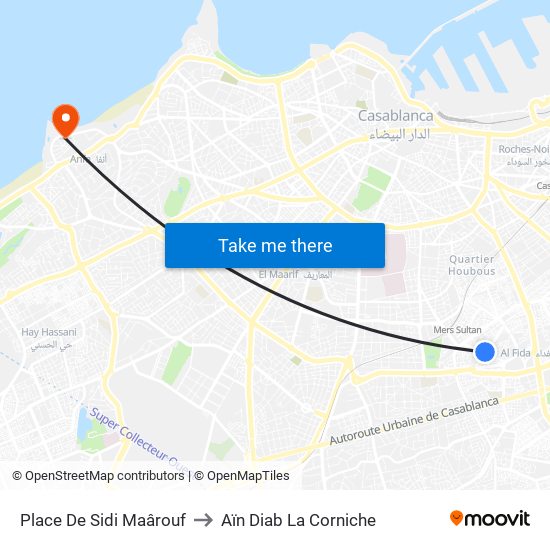 Place De Sidi Maârouf to Aïn Diab La Corniche map
