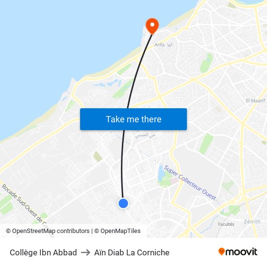 Collège Ibn Abbad to Aïn Diab La Corniche map