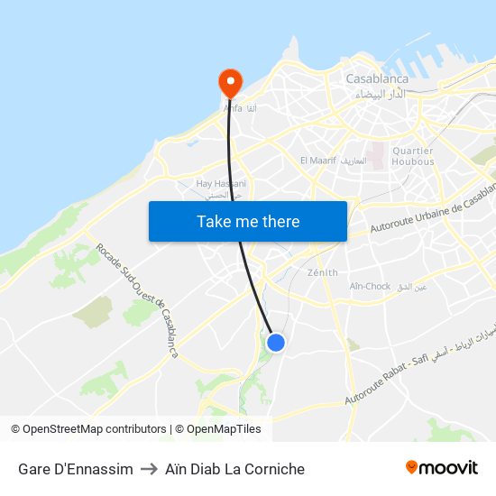 Gare D'Ennassim to Aïn Diab La Corniche map