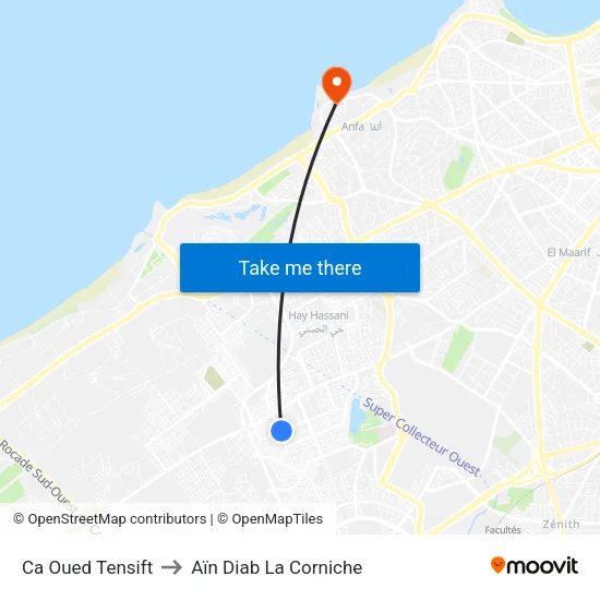 Ca Oued Tensift to Aïn Diab La Corniche map