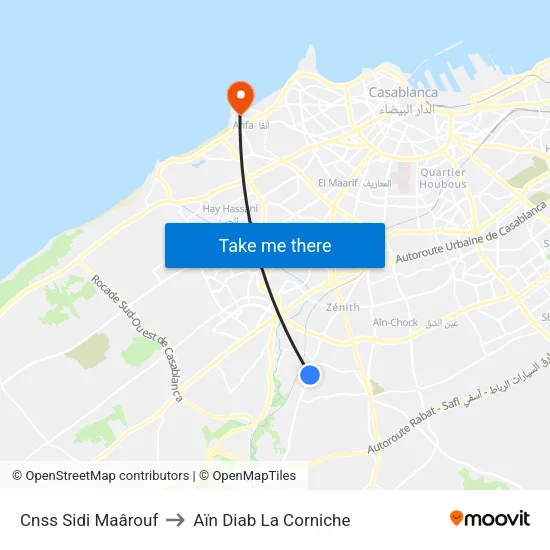 Cnss Sidi Maârouf to Aïn Diab La Corniche map