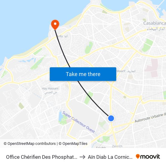 Office Chérifien Des Phosphates to Aïn Diab La Corniche map