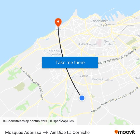 Mosquée Adarissa to Aïn Diab La Corniche map