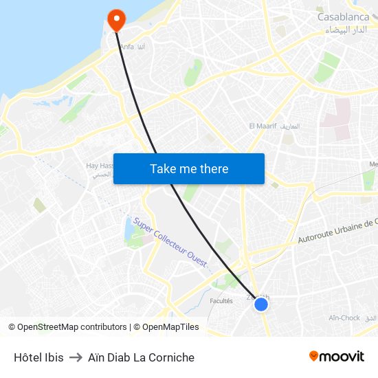 Hôtel Ibis to Aïn Diab La Corniche map