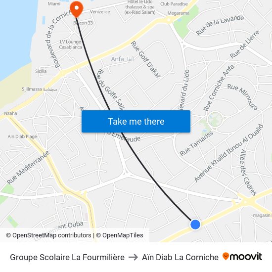 Groupe Scolaire La Fourmilière to Aïn Diab La Corniche map