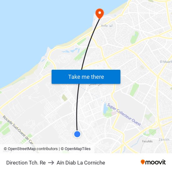 Direction Tch. Re to Aïn Diab La Corniche map