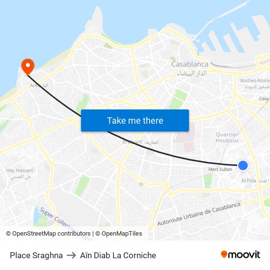 Place Sraghna to Aïn Diab La Corniche map