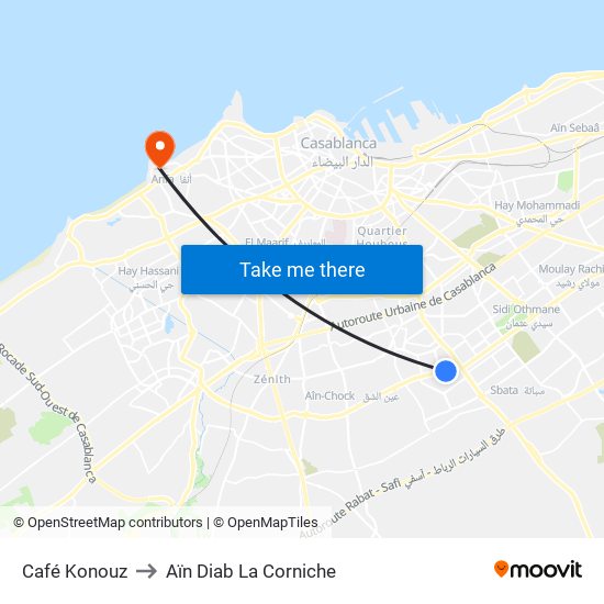 Café Konouz to Aïn Diab La Corniche map