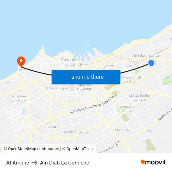 Al Amane to Aïn Diab La Corniche map