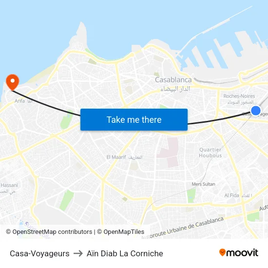 Casa-Voyageurs to Aïn Diab La Corniche map