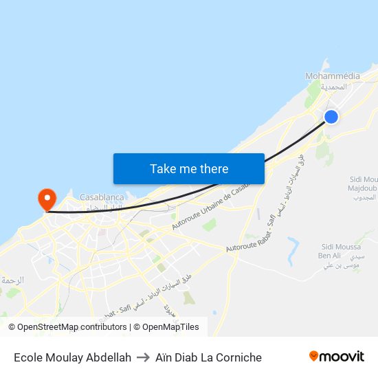 Ecole Moulay Abdellah to Aïn Diab La Corniche map