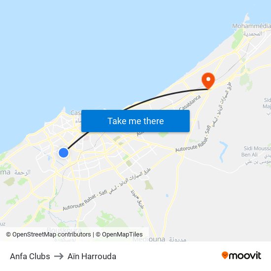 Anfa Clubs to Aïn Harrouda map