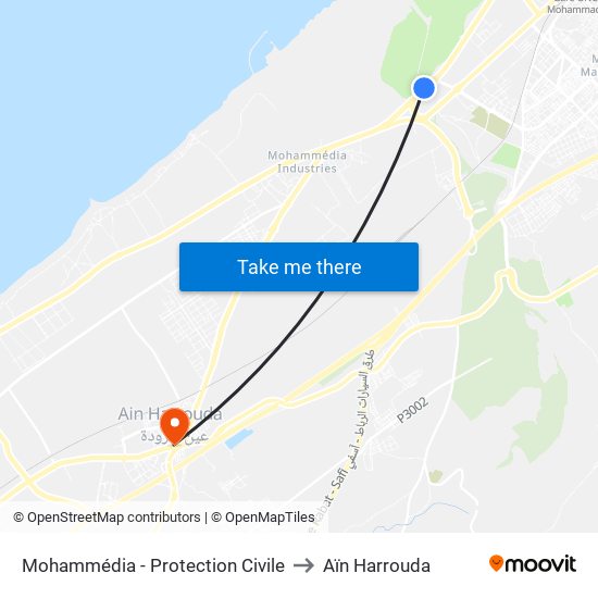 Mohammédia - Protection Civile to Aïn Harrouda map