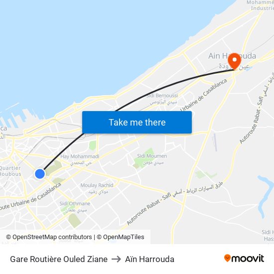 Gare Routière Ouled Ziane to Aïn Harrouda map