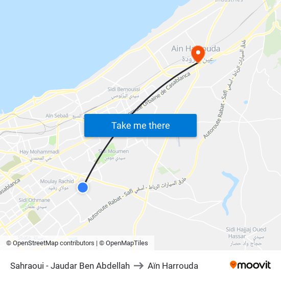 Sahraoui - Jaudar Ben Abdellah to Aïn Harrouda map