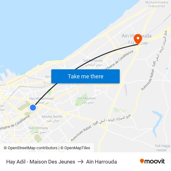Hay Adil - Maison Des Jeunes to Aïn Harrouda map