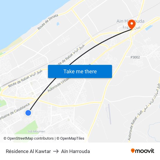 Résidence Al Kawtar to Aïn Harrouda map