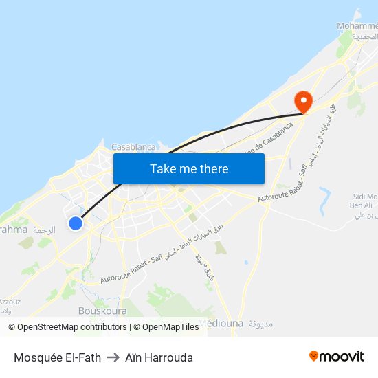 Mosquée El-Fath to Aïn Harrouda map
