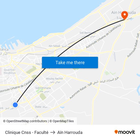Clinique Cnss - Faculté to Aïn Harrouda map
