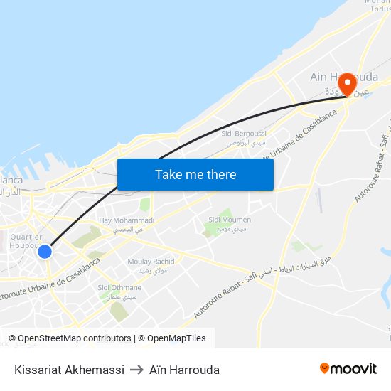 Kissariat Akhemassi to Aïn Harrouda map