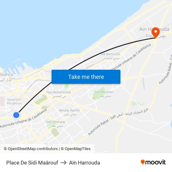 Place De Sidi Maârouf to Aïn Harrouda map