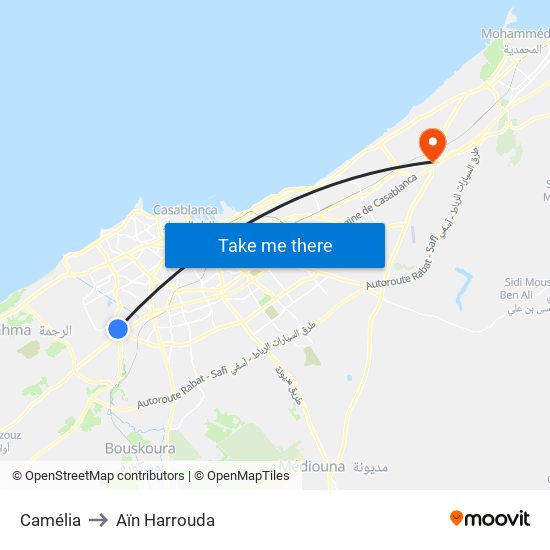 Camélia to Aïn Harrouda map
