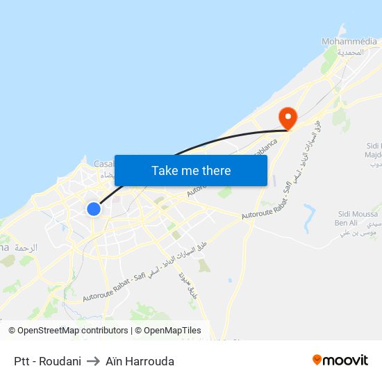 Ptt - Roudani to Aïn Harrouda map