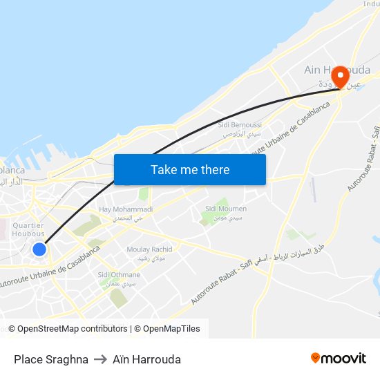 Place Sraghna to Aïn Harrouda map