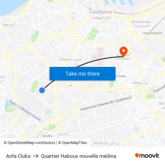 Anfa Clubs to Quartier Habous nouvelle médina map