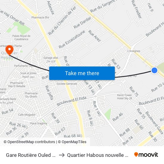 Gare Routière Ouled Ziane to Quartier Habous nouvelle médina map