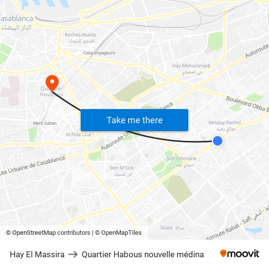 Hay El Massira to Quartier Habous nouvelle médina map
