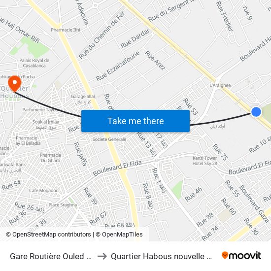 Gare Routière Ouled Ziane to Quartier Habous nouvelle médina map
