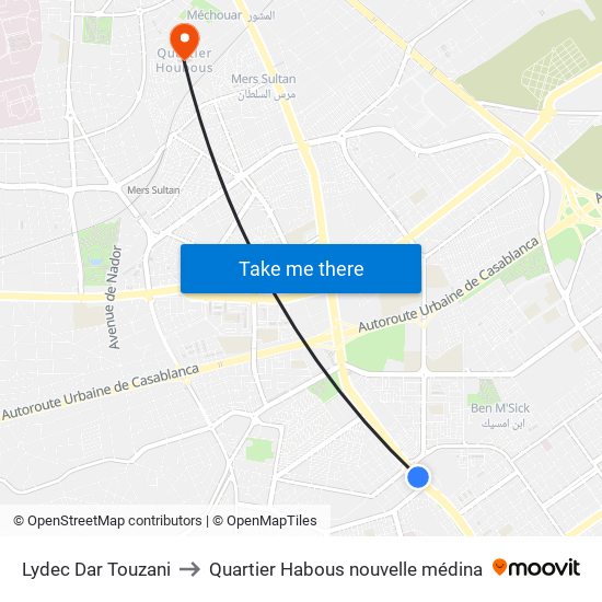 Lydec Dar Touzani to Quartier Habous nouvelle médina map